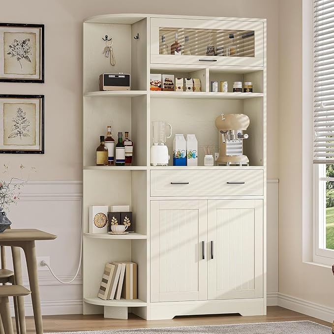 YITAHOME Kitchen Pantry Storage Cabinet, 67" Tall Kitchen Hutch with Outlet & Door & Shelves & Drawer, Farmhouse Wooden Microwave Stand Buffet Coffee Bar for Home Living Dining Room, Off-White