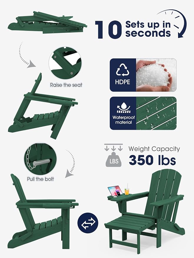 KINGYES Adjustable Folding Adirondack Chair with Footrest & 4-in-1 Multi-Functional Armrest Organizer Set of 4, HDPE Foldable Recliner Adirondack Chair with Pull-Out Ottoman, Green