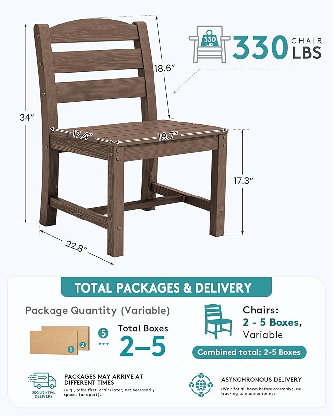 SERWALL Outdoor Armless Dining Chairs Set of 4, All-Weather HDPE Patio Dining Chair with 19.7" Widened Seat, for Backyard, Deck, Lawn and Garden, Brown