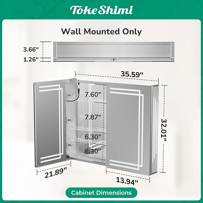 TokeShimi 36x32 Inch Lighted Medicine Cabinet, LED Medicine Cabinet with Lights, Wall-Mounted Bathroom Cabinet Mirror with 3 Color Temperature, Anti-Fog, CRI 80+, Memory Function, Tempered Glass