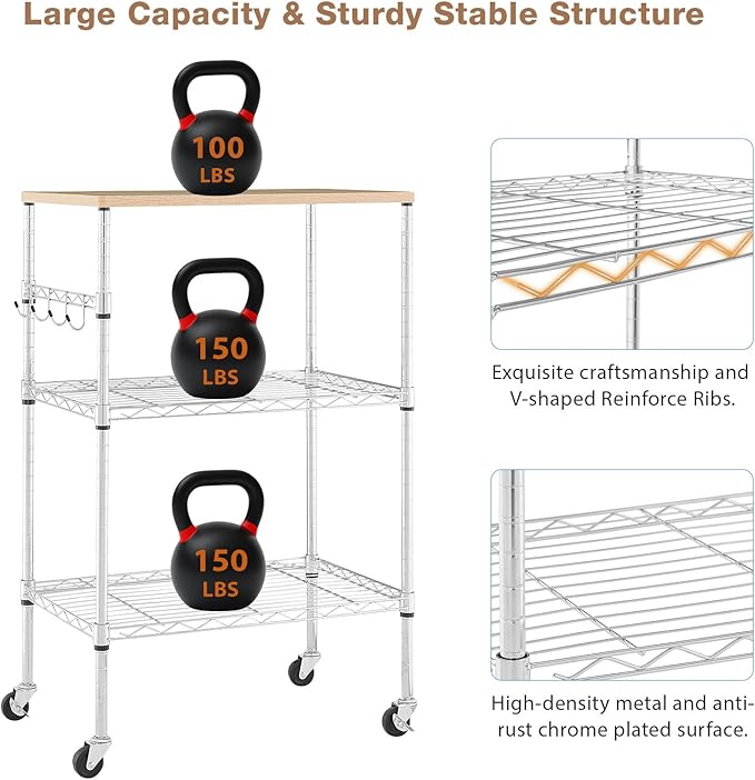 BolDuck 450Lbs Capacity Microwave Cart with Wheels, 3 Tier Rolling Cart with Adjustable Shelves, Multifunctional Metal Utility Storage Kitchen Carts on Wheels, 23.6" L*15.7" W*37" H, Wood+Chrome