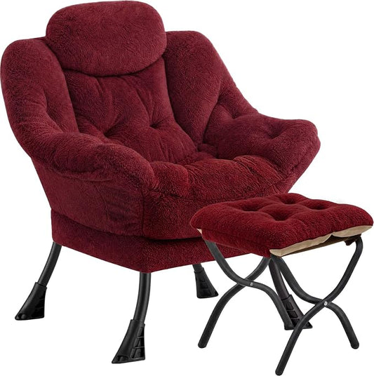 Lazy Chair with Folding Ottoman,Leisure Sofa Chair,Soft Fabric Armchair with Armrests and Side Pockets, Reading Chair with Footrest for Living Room, Bedroom, Office (Plush Red)