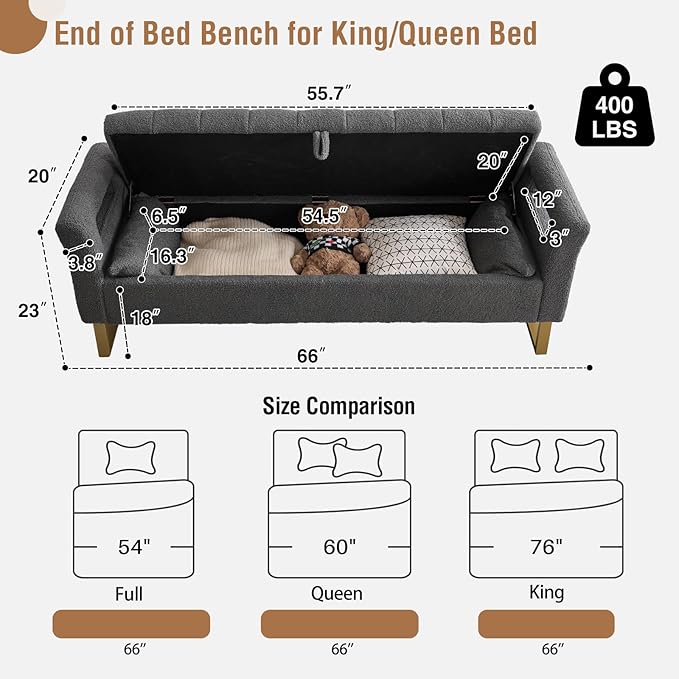 Storage Bench for Bedroom End of Bed King Size, 66'' Bedroom Benches for Foot of Bed King, Grey Teddy End of Storage Bench with Gold Legs & 2 Pillows for Entryway, Windows, Closet
