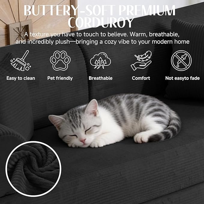 78.8" Convertible Sofa Bed with Detachable Arm Pillow, 6-in-1 Sectional Couches for Living Room, Corduroy Boneless Couch, Sleeper Loveseat Couch Bed, No Assembly, Black Couch