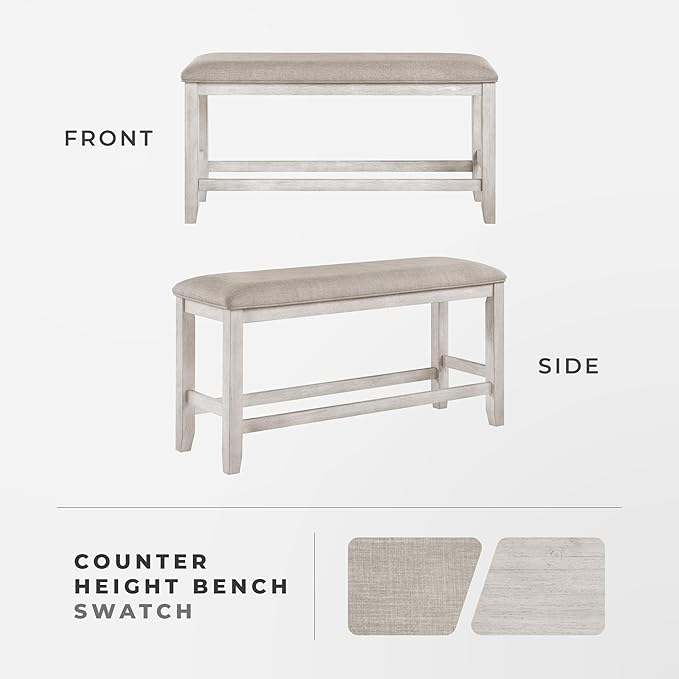 Lexicon Counter Height Dining Bench with Padded Seat and Wooden Frame, Entryway Bench, Light Gray Textured Fabric Upholstered Dining Seat for Kitchen/Living Room, 25.5" SH, Brushed Antique White