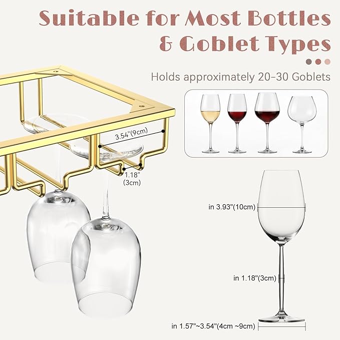 Xverycan Wine Glass Rack Under Cabinet, 10 Row Extreme Large Stemware Hanger, Metal Wine Goblet Holder, DIY Bar Glass Storage Rack for Bar Counter, Kitchen, Screws Included (Gold)