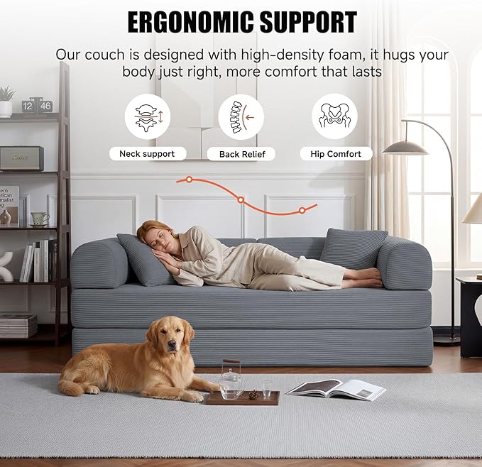 79” Compressed Sofa, 6-in-1 Convertible Sofa Bed, Corduroy Compression Boneless Couch in a Box, Comfy Modular Foldable Floor Sleeper Sofa for Bedroom, Living Room (Dark Gray)