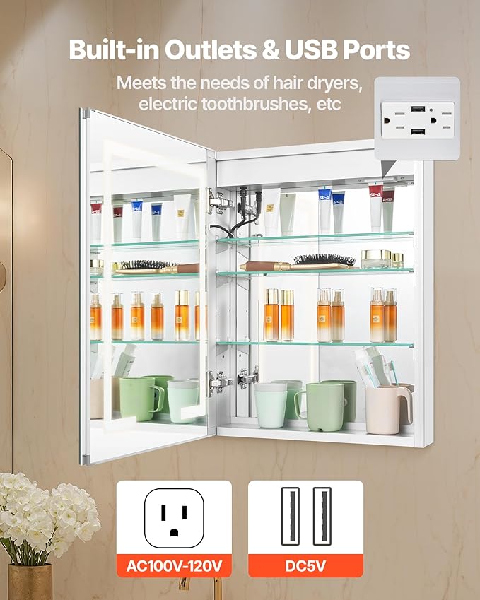 VEVOR Lighted Medicine Cabinet with Mirror, 20 x 26 in Recessed or Wall Mount, 3 Color Dimmable LED Bathroom Medicine Cabinet with Double-Side Mirror, Adjustable Shelves, Memory Anti-Fog Function