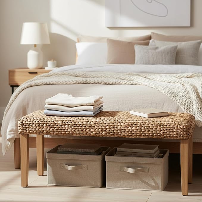 Solid Wood Acacia Indoor Bench with Natural Woven Seat, 47 Inch Wood Bench for Living Room or Entryway Benc, Bedroom End of Bed Bench or Dining Benches, Window Bench (Fishbone, Water Hyacinth)