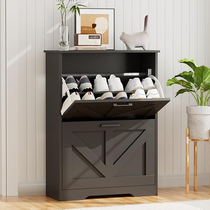 Homleke Farmhouse Shoe Cabinet for Entryway with 2 Barn-Style Flip Drawers, Narrow Shoe Storage Organizer with Top Display Shelf, Adjustable Shelves, Shoe Rack for Hallway, Closet- (Black, 24" Wide)