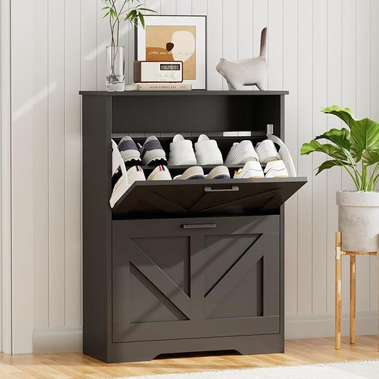 Homleke Farmhouse Shoe Cabinet for Entryway with 2 Barn-Style Flip Drawers, Narrow Shoe Storage Organizer with Top Display Shelf, Adjustable Shelves, Shoe Rack for Hallway, Closet- (Black, 24" Wide)