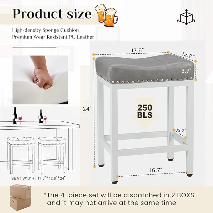 Sweetcrispy 24 inch Bar Stools Set of 4, Upholstered Modern Counter Height Bar Stools for Kitchen Island Modern PU Leather Sadless Stools Chair with Metal Base and Footrest,Grey