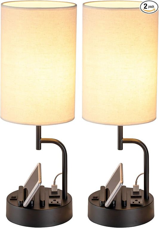 Dreamholder Table Lamp with 3 USB Charging Ports, Modern Desk Lamp with AC Outlet and Phone Stands, Perfect Bedside Lamp for Bedroom, Living Room, Office (Pack of 2), Cream