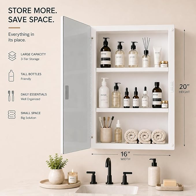 Plastic Bathroom Medicine Cabinet Mirror 16x20 inch, Recessed Medicine Cabinet or Surface Wall Mount Bathroom Cabinets with Adjustable Shelves, Beveled Edge Mirror Cabinet