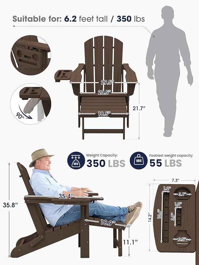 KINGYES Adjustable Folding Adirondack Chair with Footrest & 4-in-1 Multi-Functional Holder Set of 2, HDPE Reclining Adirondack Chair with Pull-Out Ottoman, Coffee