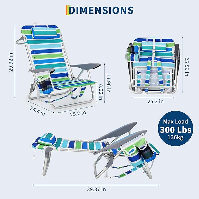 GarveeLife Backpack Beach Chair for Adults 2 Pack, Lightweight Portable Lay Flat Folding Beach Chair with 5 Positions, Backpack Straps, Phone Pocket, Cup Holder & Towel Bar, Support to 350LBS