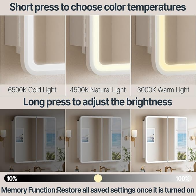 32x30 Inch Medicine Cabinet with Mirror, Recessed or Surface Mount Bathroom Medicine Cabinet with LED Lights, Anti-Fog, Memory Function, Adjustable Shelf, Dimmable Light, ETL Listed, White