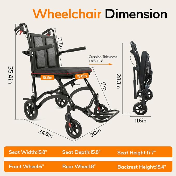 18LBS UIltra Lightweight Wheelchairs with Foldable Footrest and Armrests, Transport Wheelchair Lightweight Foldable with Handbrakes, Transport Chair for Adults Seniors Kid, 1s Quick Folding, Black