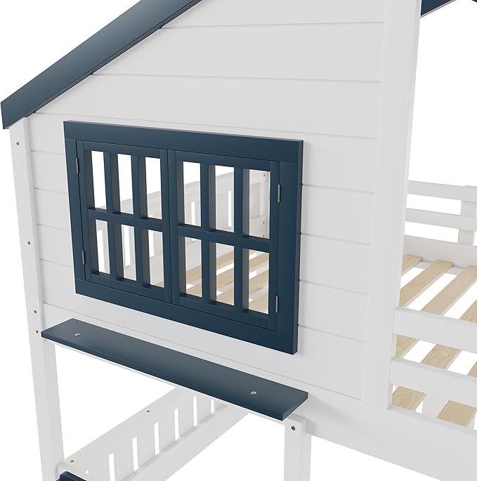Full Size House Bunk Bed Frame with Storage Bookshelf, Window, Wooden Floor Bunk Bed with Fences, Space Saving for Kids Adults, No Noise, White