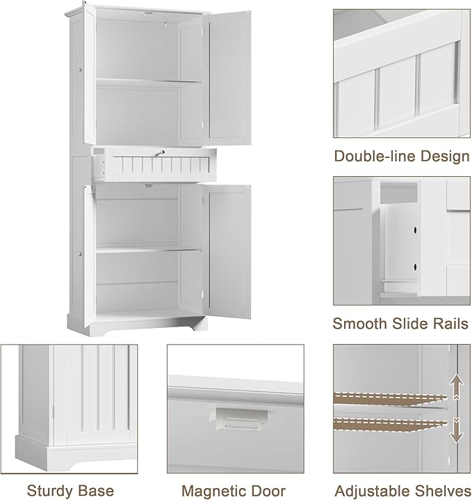 ChooChoo 72" H Tall Bathroom Floor Cabinet, Modern Bathroom Storage Cabinet with Drawer and Adjustable Shelves, Freestanding Kitchen Pantry Cupboard with 4 Doors for Living Room, White