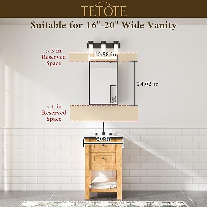 TETOTE 16" x 24" Medicine Cabinet Mirror Fully Assembled Bathroom Mirrored Cabinet with Adjustable Storage Shelves Tempered Beveled Mirror for Vanity, Wall-Mounted or Recessed