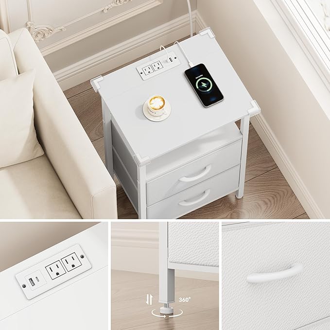 Vagusicc White Night Stand with Charger Station, LED Nightstand with 2 Fabric Drawers, Bedside Table with USB Ports and Outlets, Bed Side Tables with Storage Shelf, 24.2" Tall Nightstand for Bedroom
