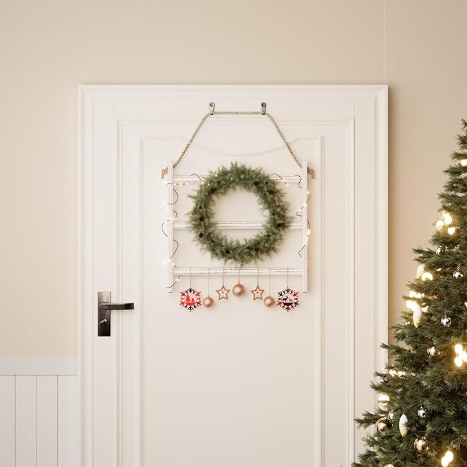 XLHOMO White Blanket Ladder Wall-Mounted, 3 Tier Wooden Rustic Mini Ladder Shelf for Living Room & Bathroom, Holder Display Hanger, Wall Hanging Blanket Rack with Rope for Home Christmas Decor