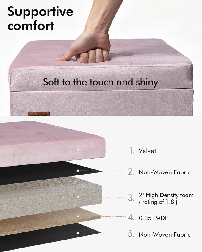 ABHENG 17.7 inches Velvet turfed Ottomans Cube with Legs, Metal-Framed Square Storage Ottoman Foot Rest Stool Holds 770 LB for Dorm Living Room Bedroom Pink UASND64P