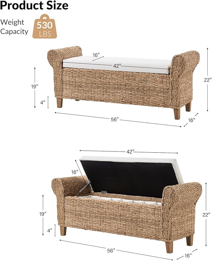 HULALA HOME Rattan Storage Bench with Rolled Armrests, Boho Wicker End of Bed Bench for Bedroom Entryway Living Room, Water Hyacinth Frame, Natural