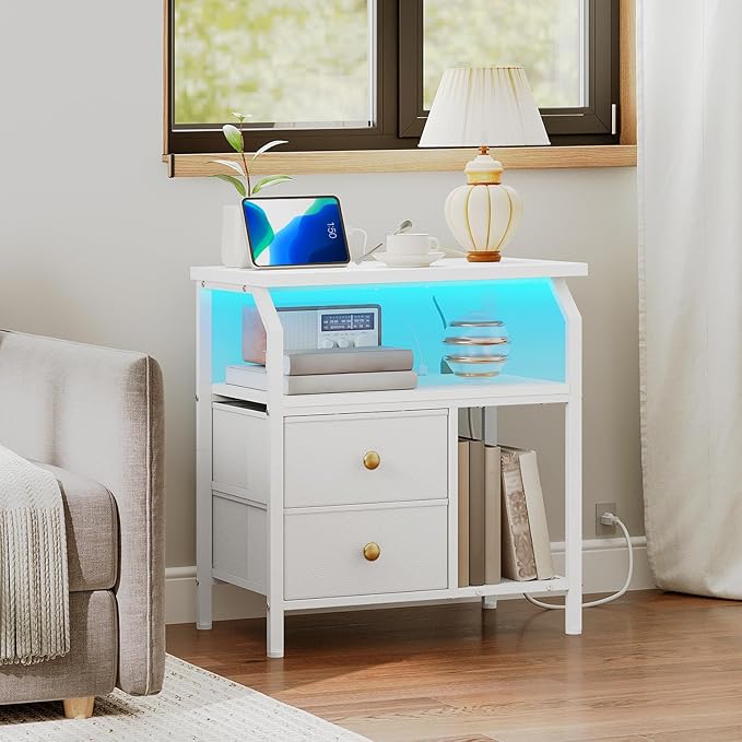 HOOBRO 23 inch Wide Nightstand with Charging Station and LED Light, Night Stand with 2 Fabric Drawers, Bedside Table, Dresser with Open Storage Shelf, End Side Table for Bedroom, White WT160UDBZ01