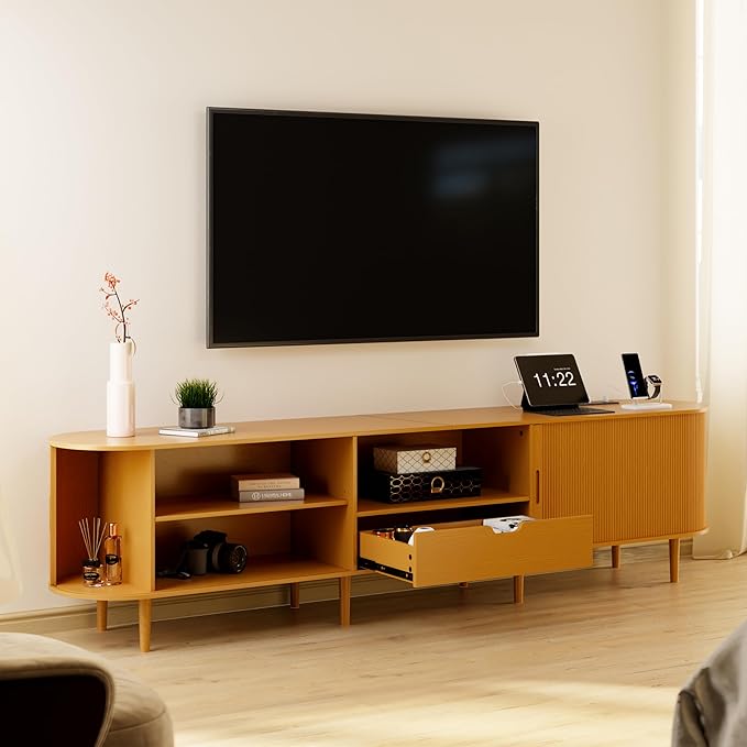 86.6" Fluted TV Stand with Power Outlet for TVs up to 90", TV Console with Adjustable Shelves and Sliding Door,Mid Century Modern Entertainment Center for Living Room,Bedroom (Yellow Walnut, 86.6Inch)