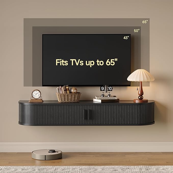 55" Floating TV Stand with Power Outlet for TVs up to 65", Fluted Entertainment Center with Remote Control for LED Lights, Mid-Century Modern TV Console w/Sliding Door for Living Room, Bedroom Black