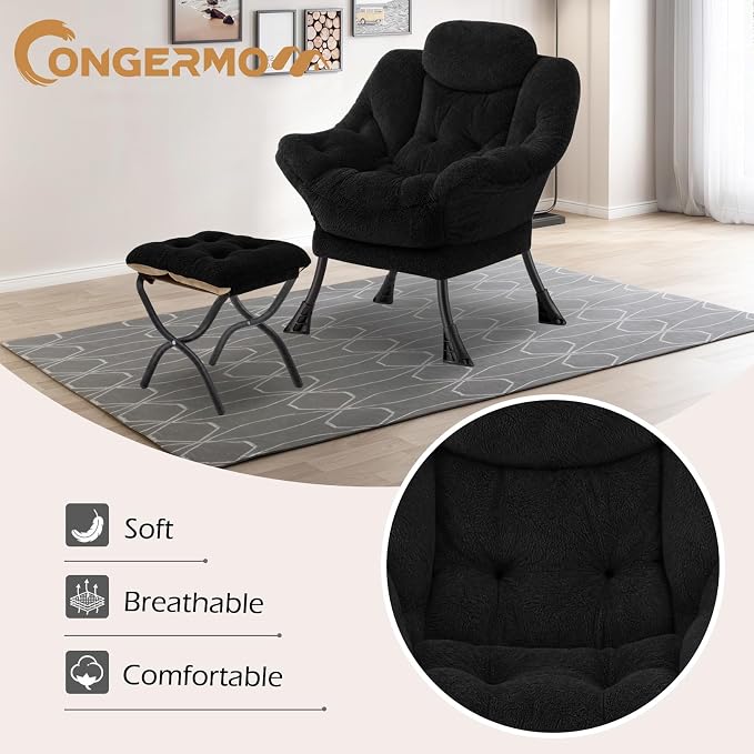 Lazy Chair with Folding Ottoman,Leisure Sofa Chair,Soft Fabric Armchair with Armrests and Side Pockets, Reading Chair with Footrest for Living Room, Bedroom, Office (Plush Black)