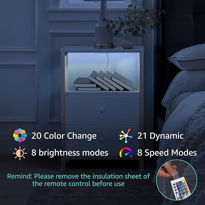 BOLUO Nightstand with Charging Station, LED Night Stand with 2 Fabric Drawers, Bedside Table with USB Ports and Outlets, Nightstand for Bedroom Modern