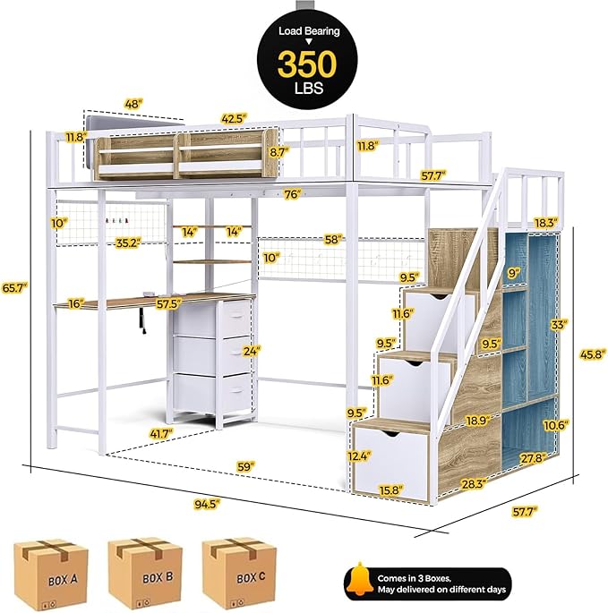 Kikihouse Full Size Loft Bed with Desk and Stairs, Headboard, Wardrobe, Bedside Storage Shelf, 6 Drawers, Charging Station & LED Light, Metal Gaming Loft Bed Frame for Adult Space-Saving
