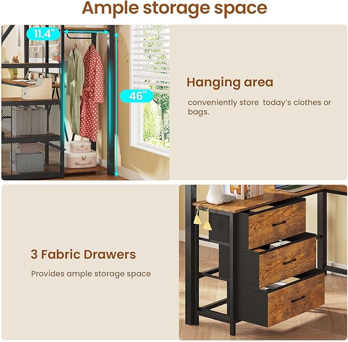 Itaar Stairway Twin Size Loft Bed with L Shaped Desk and Wardrobe, Metal Loft Bed Frame with Storage Stairs, 3 Fabric Drawers, LED Lights & Charging Sation, Rustic Brown
