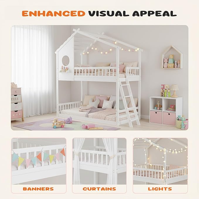 DUMOS Wood Twin Over Twin House Bunk Bed, Loft Bed with Ladder, Safety Guardrail, Wooden Slats & Window, Kids Twin Bed Frame for Teens Juniors, Freely Decorative House Roof