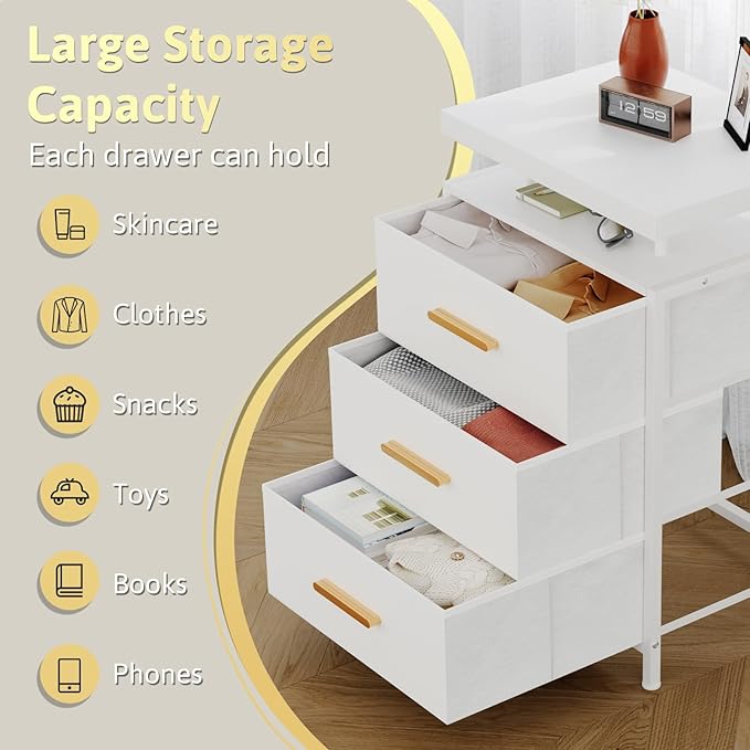DreamDashio Nightstand with LED Lights, 3 Fabric Storage Drawers, Bedside Table with Floating Wood Top & PU Leather Fronts, Compact Modern End Table for Bedroom, Living Room or Dorm, White