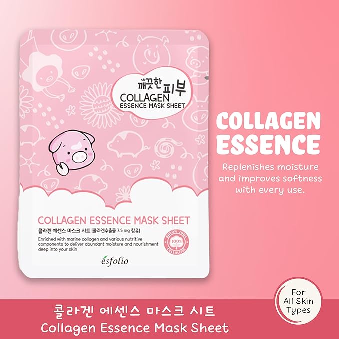 esfolio Collagen Essence Sheet Mask – Hydrating & Firming Face Mask for Glowing Skin – Anti-Aging Korean Skincare with Hydrolyzed Collagen & Hyaluronic Acid – Moisturizing Facial Mask (Pack of 10)