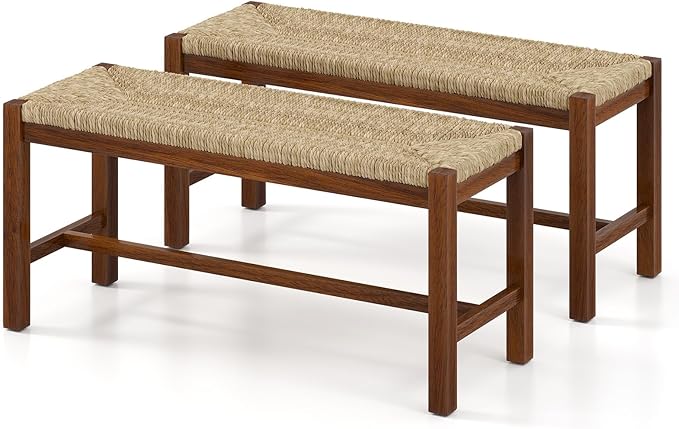 Giantex 40" Dining Bench with Woven Seagrass Woven Seat, Rubber Wood Legs, 350 Lbs Capacity, 40" x 14" x 18" Entryway Bench for End of Bed, Dining Room, Hallway, Living Room, Bedroom, Entry (2)
