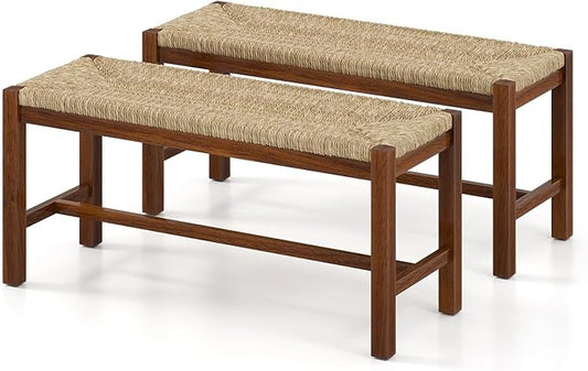 Giantex 40" Dining Bench with Woven Seagrass Woven Seat, Rubber Wood Legs, 350 Lbs Capacity, 40" x 14" x 18" Entryway Bench for End of Bed, Dining Room, Hallway, Living Room, Bedroom, Entry (2)