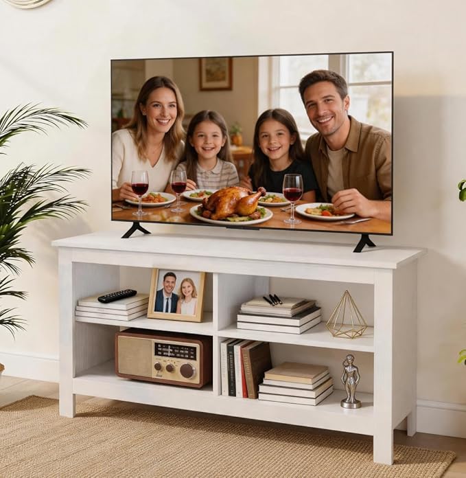 Gyger 43 Inches TV Stand,Mid Century Modern Entertainment Center with 4 Open Shelves Farmhouse TV Media Console Table for Living Room,Bedroom,Television Stand up to 50 Inches(White)