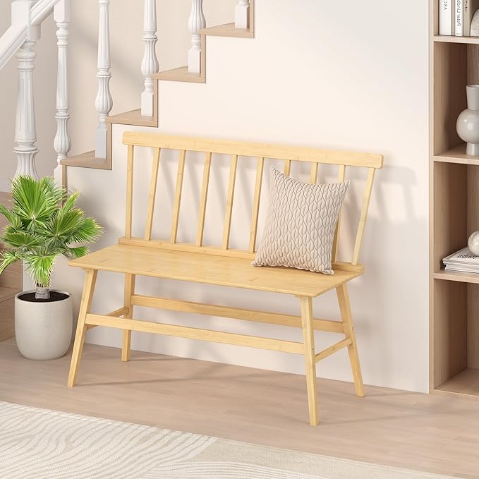 Bamboo Dining Bench, Entryway Bench with Spindle Back Farmhouse Wood Windsor for Foyer Balcony Living Room (Nature)