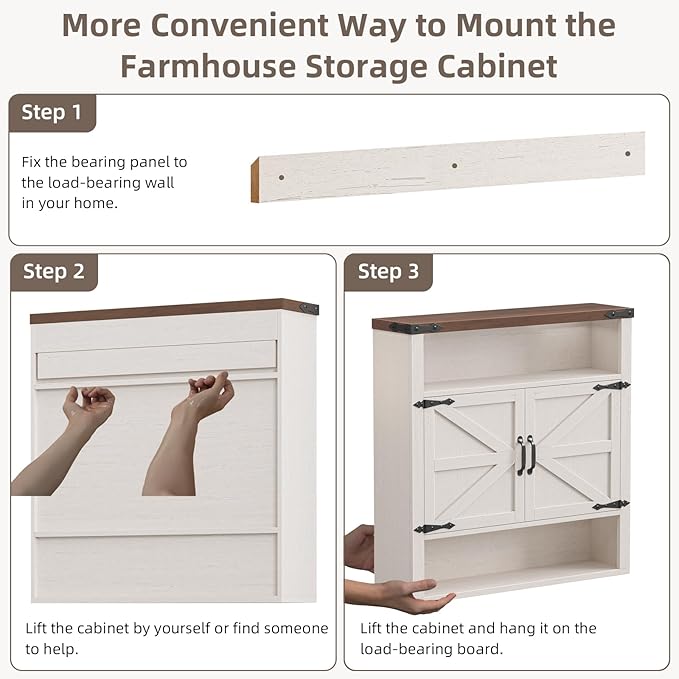 Bathroom Wall Cabinet, Farmhouse Medicine Cabinet with Adjustable Shelves and 2 Barn Doors, Wall Mounted Over the Toilet Storage Cabinet for Bathroom, Laundry Room, Kitchen, Rustic White and Brown