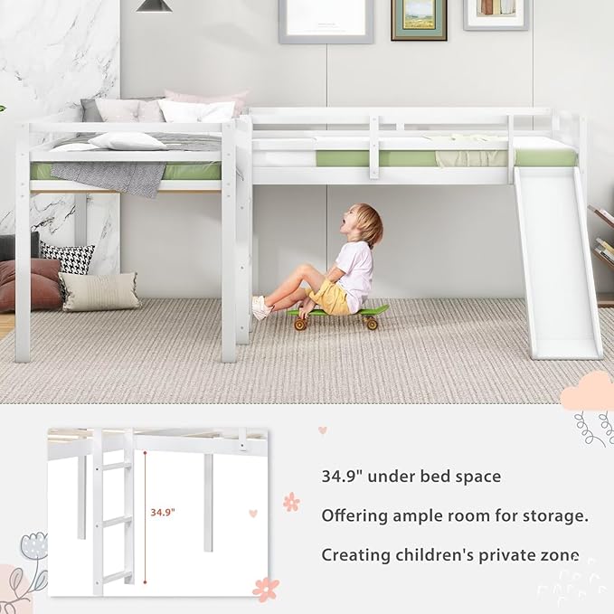 Merax Twin Size Double Loft Bed with Slide and Ladder, Wooden L-Shaped Bed Frame with Full-Length Guardrail, Wood Bedframe for Kids Teens Adults Bedroom, 2 Twin Beds,White