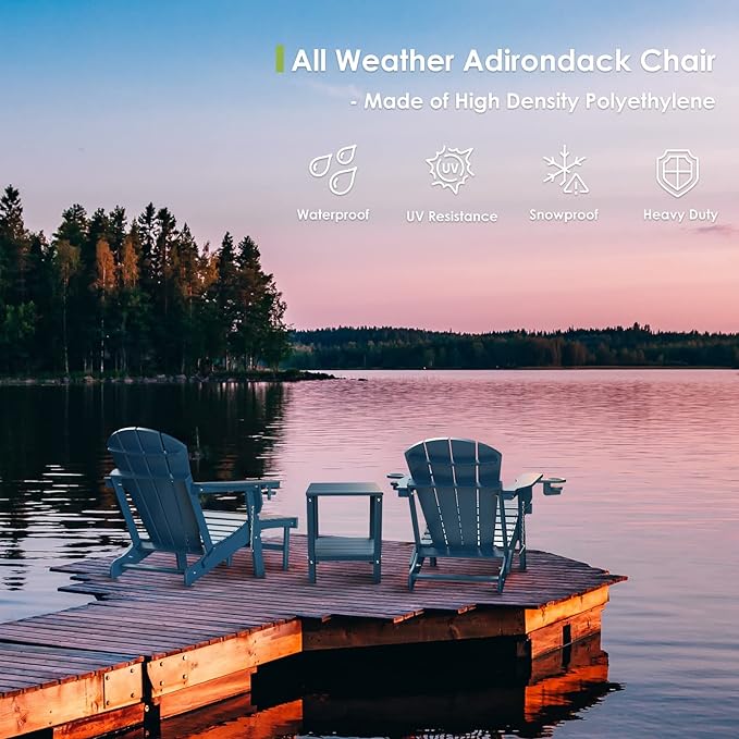 GREENVINES Adirondack-Chairs-with-Ottoman | Set of 6 | Folding | Retractable-Footrest | HDPE Plastic | All Weather Fire Pit Chair | Cup Holders | Blue | for Outdoor Poolside