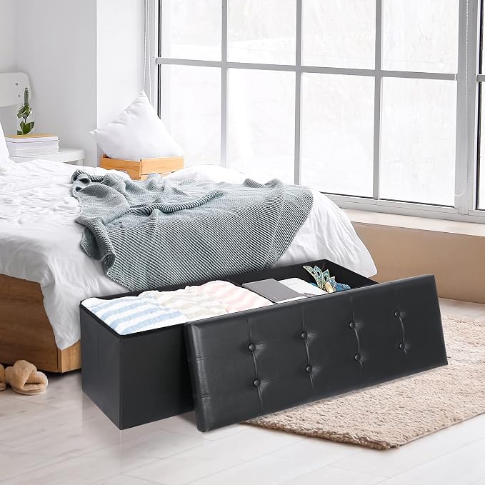 ZenStyle 43Inches Folding Storage Ottoman Bench, Faux Leather Footrest with Foam Padded Seat, Storage Chest Long Shoes Bench for Living Room, Entryway, Bedroom, Holds up to 660 lbs (Black)