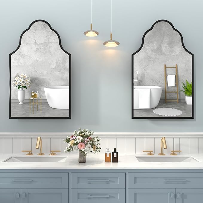 20"x32" Irregular Medicine Cabinet with Mirror, Recessed or Surface Mount Black Arched Medicine Cabinet for Bathroom, Artistic Decorative Mirror with Storage, Full Metal, Easy Installation