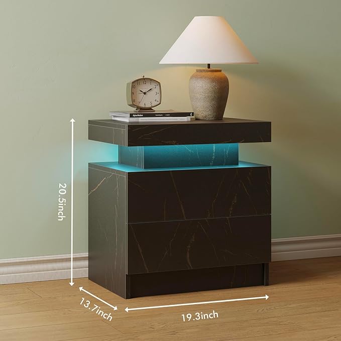 Night Stand Side Table for Bedroom with Drawer Nightstand with Led Lights Modern End Tables for Bedroom Black