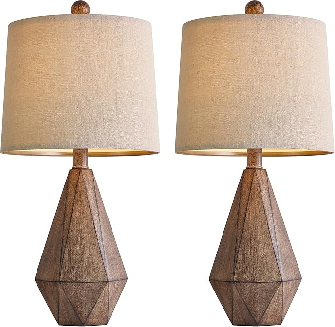 PoKat 20.25" Retro Farmhouse Table Lamp Set of 2 - Living Room & Bedroom Rustic Linen Bedside Nightstand Lamps for Kids, Study, Office - Resin, Suitable for Small Places